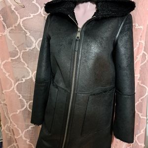 DKNY Small Blaxk Hooded Sherling 2 pocket zipped 3/4 Coat